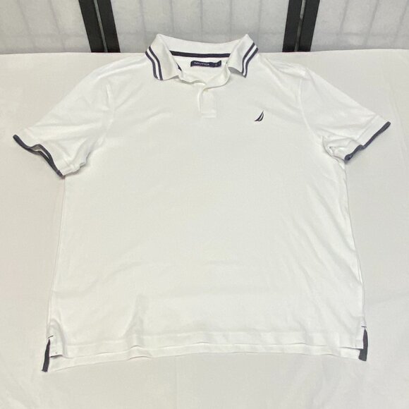 Nautica Short Sleeve Striped Band Collar Sleeve 2 Button Polo Shirt White Navy L - Picture 7 of 12